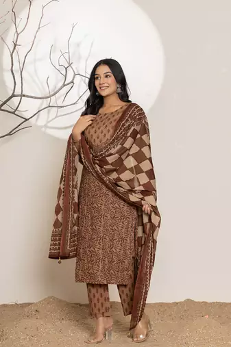 brown leaf print cotton straight suit set