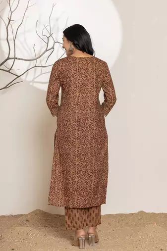  brown leaf print cotton straight suit set