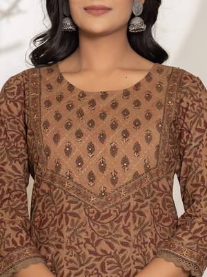  brown leaf print cotton straight suit set 4