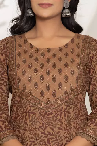 brown leaf print cotton straight suit set
