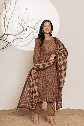  brown leaf print cotton straight suit set