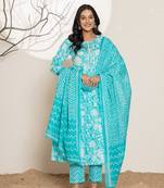  turquoise blue floral print embroidery cotton anarkali suit set