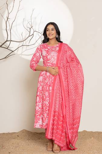 pink floral print embroidery cotton anarkali suit set