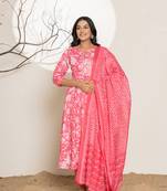  pink floral print embroidery cotton anarkali suit set