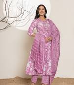  purple floral print embroidery cotton anarkali suit set