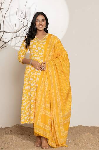  mustard embroidery cotton anarkali suit set