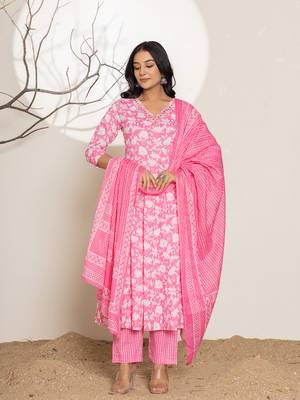  pink embroidery cotton anarkali suit set 1