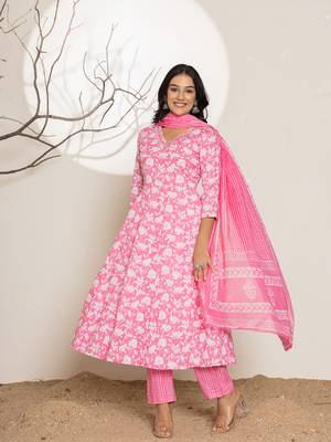  pink embroidery cotton anarkali suit set 5