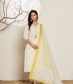  white and green floral print cotton straight suit set