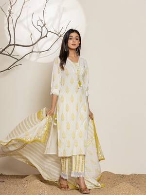  white and green floral print cotton straight suit set 2