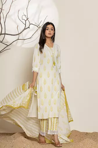  white and green floral print cotton straight suit set