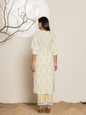  white and green floral print cotton straight suit set 3