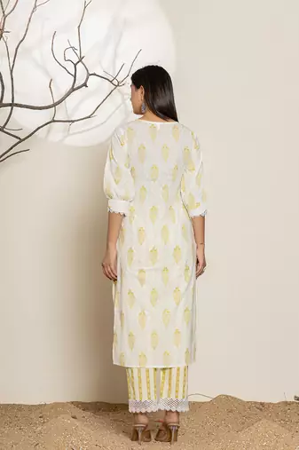  white and green floral print cotton straight suit set