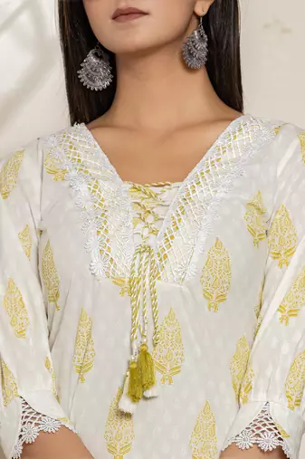  white and green floral print cotton straight suit set