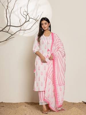  white and pink floral print cotton straight suit set 1