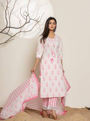  white and pink floral print cotton straight suit set 2