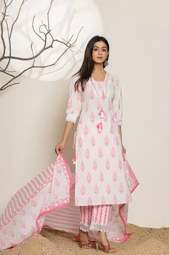  white and pink floral print cotton straight suit set
