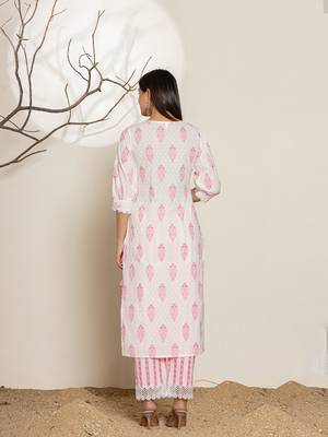  white and pink floral print cotton straight suit set 3