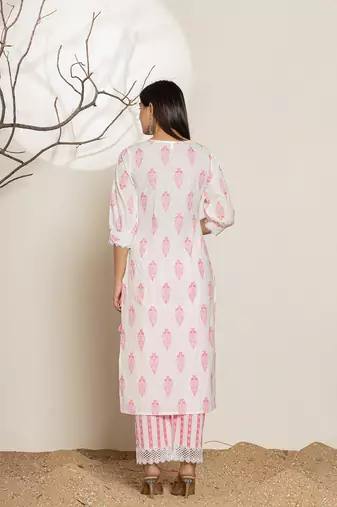  white and pink floral print cotton straight suit set