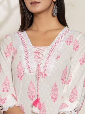  white and pink floral print cotton straight suit set 4