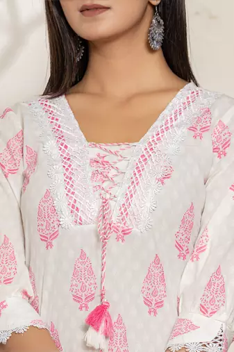 white and pink floral print cotton straight suit set