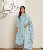  green sequins workthread work cotton anarkali kurta and trouser with dupatta