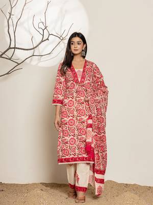  pink floral print,thread work cotton straight suit set 1