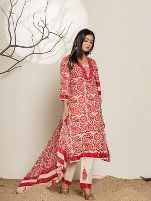  pink floral print,thread work cotton straight suit set 2
