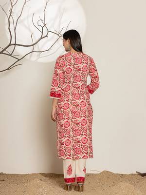  pink floral print,thread work cotton straight suit set 3