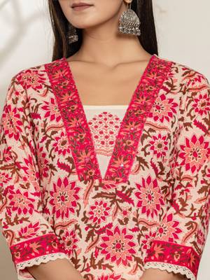  pink floral print,thread work cotton straight suit set 4