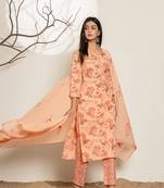  peach cotton floral print kurta dupatta set