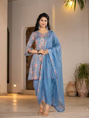  blue cotton beads and stones a-line gathers kurta and dhoti pants with dupatta set 1