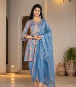  blue cotton beads and stones a-line gathers kurta and dhoti pants with dupatta set