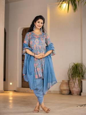  blue cotton beads and stones a-line gathers kurta and dhoti pants with dupatta set 2
