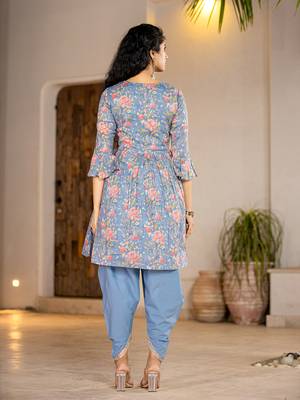  blue cotton beads and stones a-line gathers kurta and dhoti pants with dupatta set 3