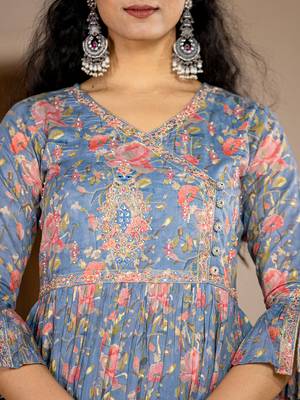  blue cotton beads and stones a-line gathers kurta and dhoti pants with dupatta set 4