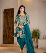  cotton teal blue zari work kurta dhoti dupatta set