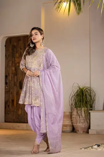  purple cotton peplum dhoti dupatta set