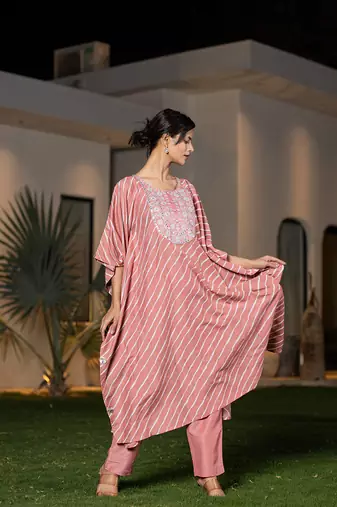  peach leheriya embroidered kaftan kurta set