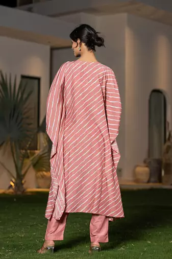  peach leheriya embroidered kaftan kurta set
