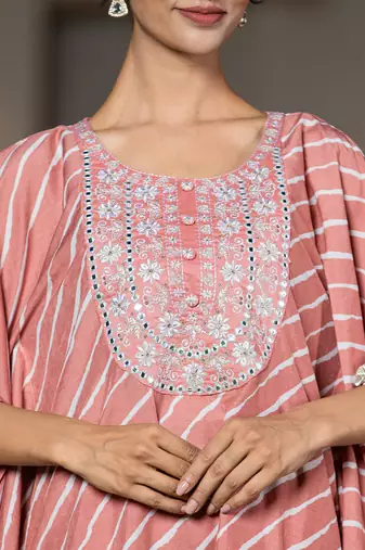  peach leheriya embroidered kaftan kurta set
