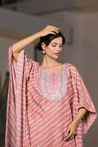 peach leheriya embroidered kaftan kurta set