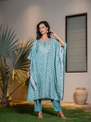  sky blue leheriya embroidered kaftan kurta set 1