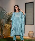  sky blue leheriya embroidered kaftan kurta set