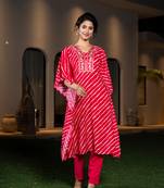 Yufta hot pink leheriya embroidered kaftan kurta set