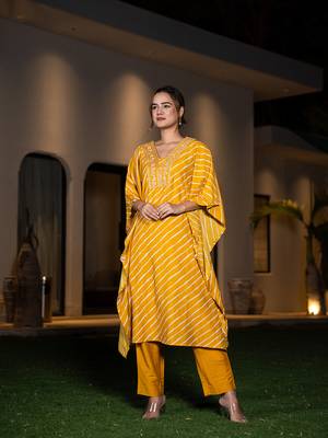 Yufta mustard leheriya embroidered kaftan kurta set 1