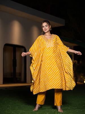 Yufta mustard leheriya embroidered kaftan kurta set 2