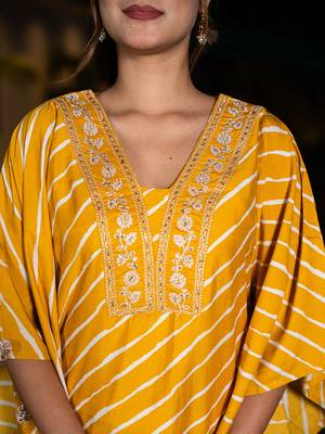 Yufta mustard leheriya embroidered kaftan kurta set 4