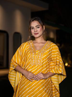 Yufta mustard leheriya embroidered kaftan kurta set 5