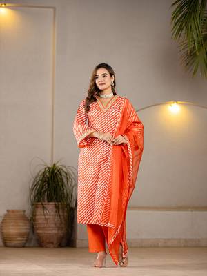  orange leheriya print cotton straight suit set 1